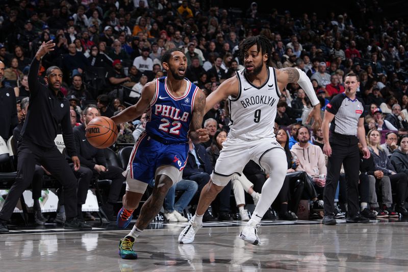 BROOKLYN, NY - MARCH 5: Cameron Payne #22 of the Philadelphia 76ers dribbles the ball during the game against the Brooklyn Nets on March 5, 2024 at Barclays Center in Brooklyn, New York. NOTE TO USER: User expressly acknowledges and agrees that, by downloading and or using this Photograph, user is consenting to the terms and conditions of the Getty Images License Agreement. Mandatory Copyright Notice: Copyright 2024 NBAE (Photo by Jesse D. Garrabrant/NBAE via Getty Images)