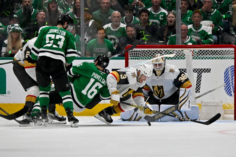 Apr 24, 2024; Dallas, Texas, USA; Vegas Golden Knights goaltender Logan Thompson (36) and defenseman Brayden McNabb (3) and Dallas Stars center Joe Pavelski (16) and center Wyatt Johnston (53) battle for the loose puck in the Vegas crease during the third period in game two of the first round of the 2024 Stanley Cup Playoffs at American Airlines Center. Mandatory Credit: Jerome Miron-USA TODAY Sports