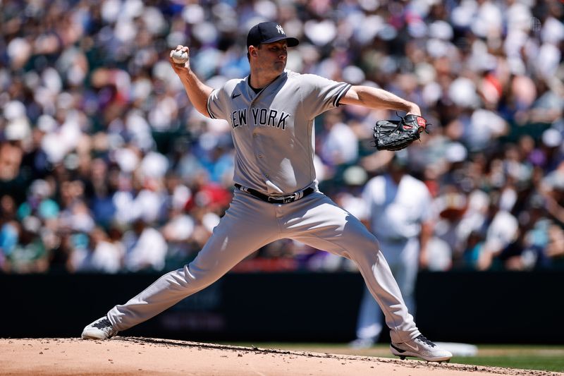 Jul 16, 2023; Denver, Colorado, USA; New York Yankees starting pitcher Gerrit Cole (45) pitches in the second inning against the Colorado Rockies at Coors Field. Mandatory Credit: Isaiah J. Downing-USA TODAY Sports