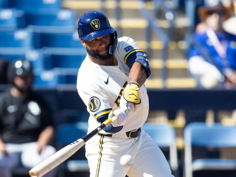 Feb 27, 2026; Phoenix, Arizona, USA; Milwaukee Brewers outfielder Jackson Chourio against the Chicago White Sox during a spring training game at American Family Fields of Phoenix. Mandatory Credit: Mark J. Rebilas-Imagn Images