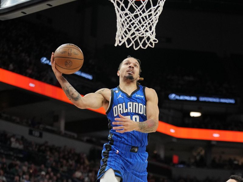 MINNEAPOLIS, MN -  FEBRUARY 3: Cole Anthony #50 of the Orlando Magic drives to the basket during the game against the Minnesota Timberwolves on February 3, 2023 at Target Center in Minneapolis, Minnesota. NOTE TO USER: User expressly acknowledges and agrees that, by downloading and or using this Photograph, user is consenting to the terms and conditions of the Getty Images License Agreement. Mandatory Copyright Notice: Copyright 2022 NBAE (Photo by Jordan Johnson/NBAE via Getty Images)