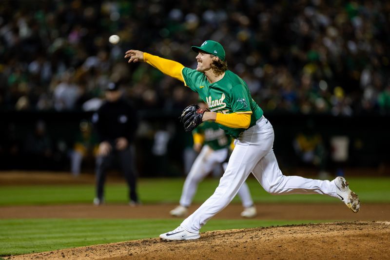 Sep 20, 2024; Oakland, California, USA; Oakland Athletics pitcher Tyler Ferguson (65) throws a pitch during the eighth inning against the New York Yankees at Oakland-Alameda County Coliseum. Mandatory Credit: Bob Kupbens-Imagn Images