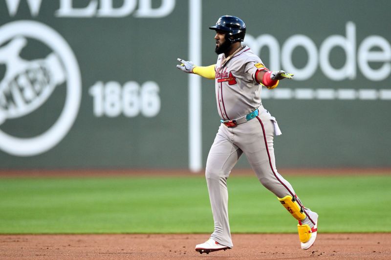 May 17, 2025; Boston, Massachusetts, USA; Atlanta Braves designated hitter Marcell Ozuna (20) reacts after hitting a solo home run against the Boston Red Sox during the first inning at Fenway Park. Mandatory Credit: Brian Fluharty-Imagn Images