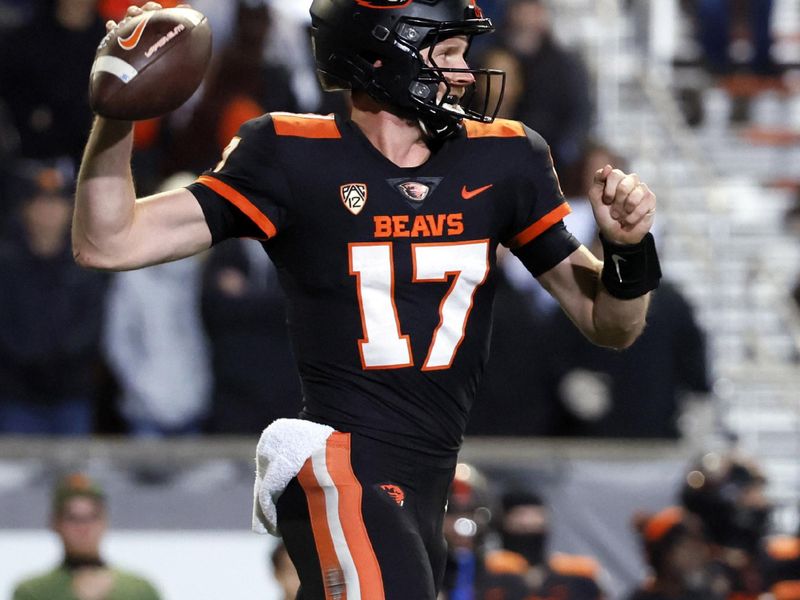 Nov 12, 2022; Corvallis, Oregon, USA; Oregon State Beavers quarterback Ben Gulbranson (17) looks to throw during the second half against the California Golden Bears at Reser Stadium. Mandatory Credit: Soobum Im-USA TODAY Sports