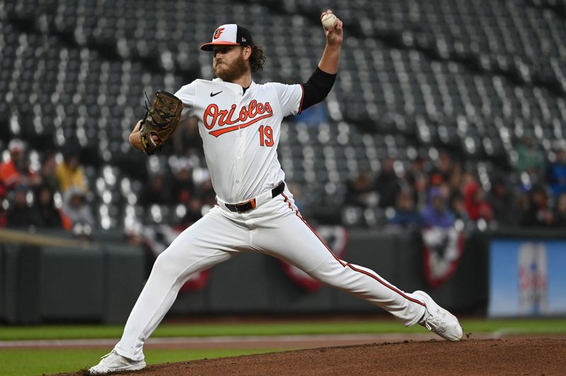 Apr 2, 2024; Baltimore, Maryland, USA;  Baltimore Orioles starting pitcher Cole Irvin (19) throws first inning pitch against the Kansas City Royals at Oriole Park at Camden Yards. Mandatory Credit: Tommy Gilligan-USA TODAY Sports