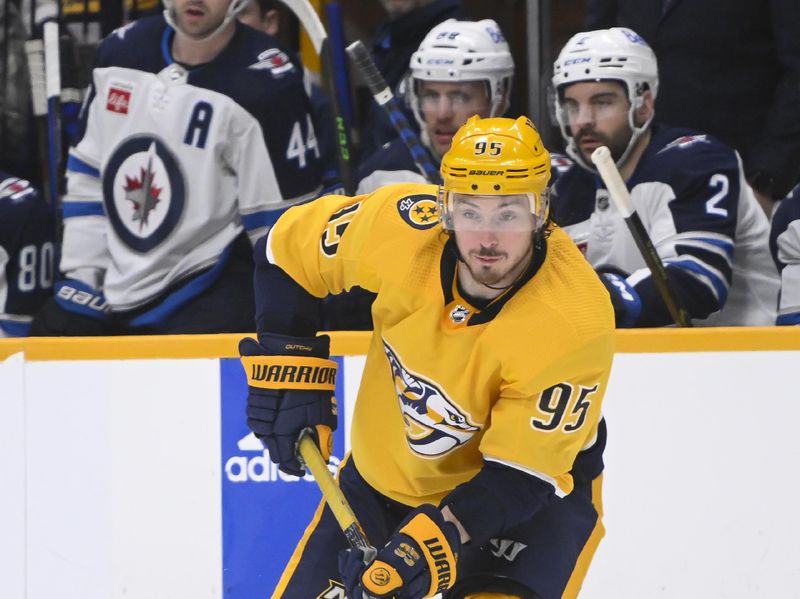 Jan 24, 2023; Nashville, Tennessee, USA;  Nashville Predators center Matt Duchene (95) skates against the Winnipeg Jets during the third period at Bridgestone Arena. Mandatory Credit: Steve Roberts-USA TODAY Sports