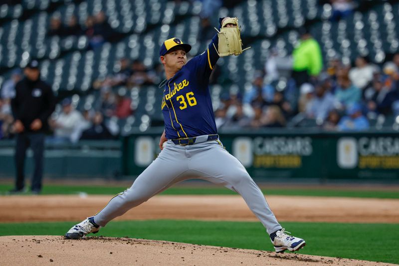 Apr 30, 2025; Chicago, Illinois, USA; Milwaukee Brewers starting pitcher Tobias Myers (36) delivers a pitch against the Chicago White Sox during the first inning at Rate Field. Mandatory Credit: Kamil Krzaczynski-Imagn Images