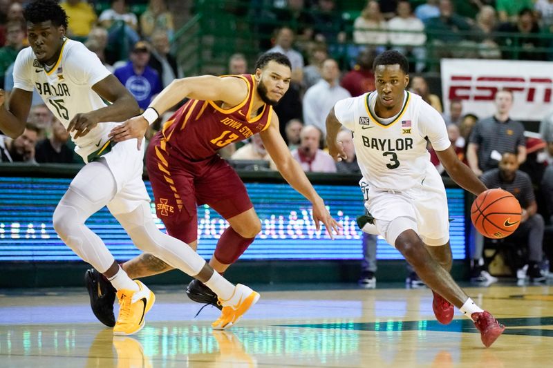 Mar 4, 2023; Waco, Texas, USA; Baylor Bears guard Dale Bonner (3) drives around screen set by forward Josh Ojianwuna (15) against Iowa State Cyclones guard Jaren Holmes (13) during the second half at Ferrell Center. Mandatory Credit: Raymond Carlin III-USA TODAY Sports