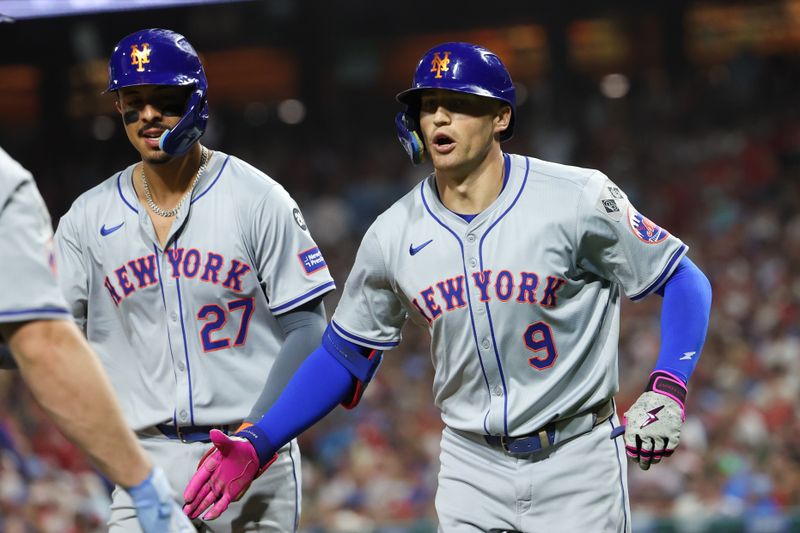 Sep 13, 2024; Philadelphia, Pennsylvania, USA; New York Mets outfielder Brandon Nimmo (9) is congratulated alongside third base Mark Vientos (27) after hitting a three run home run against the Philadelphia Phillies during the fifth inning at Citizens Bank Park. Mandatory Credit: Bill Streicher-Imagn Images