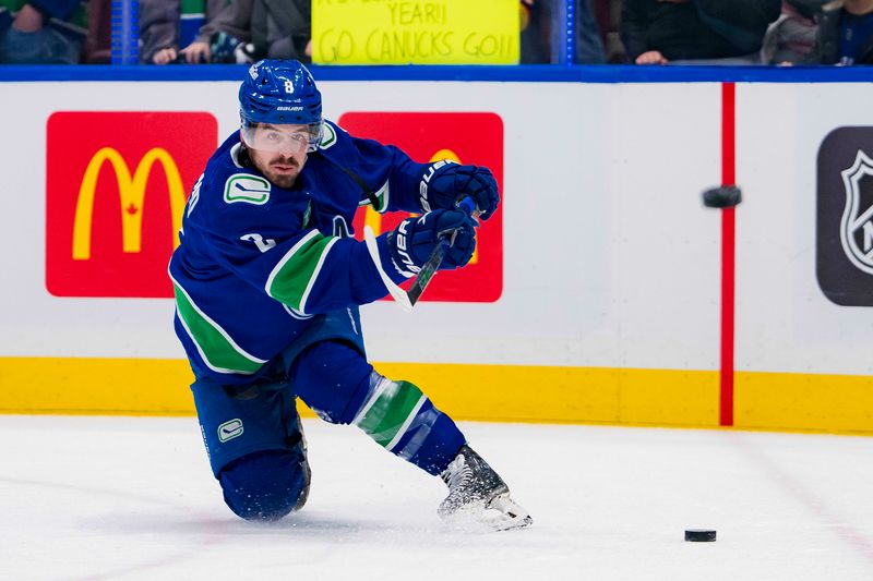 Feb 17, 2024; Vancouver, British Columbia, CAN; Vancouver Canucks forward Conor Garland (8) shoots during warm up prior to a game against the Winnipeg Jets at Rogers Arena. Mandatory Credit: Bob Frid-USA TODAY Sports