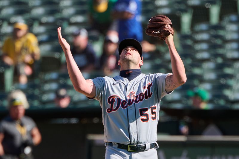 Sep 24, 2023; Oakland, California, USA; Detroit Tigers pitcher Alex Lange (55) reacts after the final out of the game against the Oakland Athletics at Oakland-Alameda County Coliseum. Mandatory Credit: Robert Edwards-USA TODAY Sports