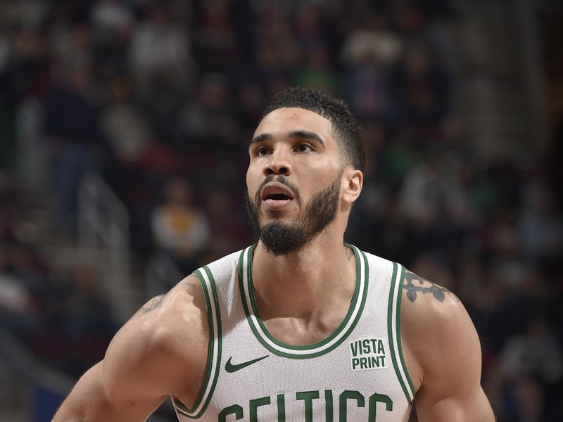 CLEVELAND, OH - MARCH 5: Jayson Tatum #0 of the Boston Celtics shoots a free throw during the game against the Cleveland Cavaliers on March 5, 2024 at Rocket Mortgage FieldHouse in Cleveland, Ohio. NOTE TO USER: User expressly acknowledges and agrees that, by downloading and/or using this Photograph, user is consenting to the terms and conditions of the Getty Images License Agreement. Mandatory Copyright Notice: Copyright 2024 NBAE (Photo by David Liam Kyle/NBAE via Getty Images)