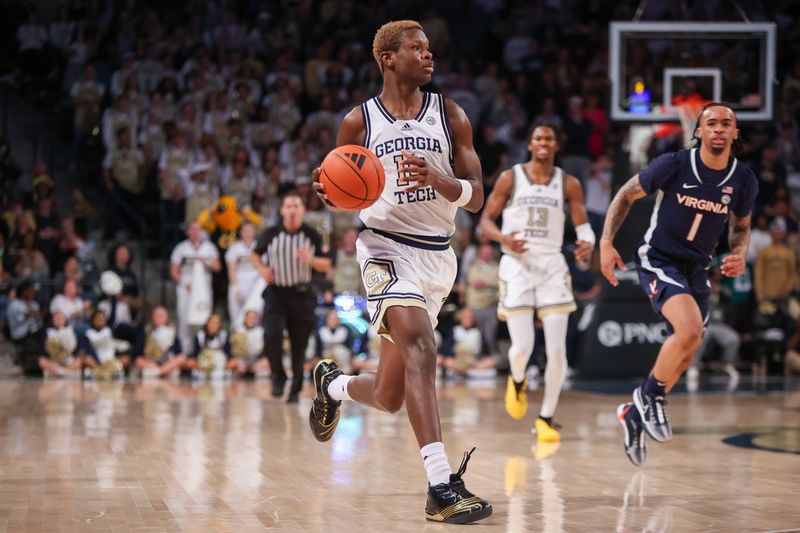 Jan 20, 2024; Atlanta, Georgia, USA; Georgia Tech Yellow Jackets guard Kowacie Reeves Jr. (14) drives to the basket against the Virginia Cavaliers in the second half at McCamish Pavilion. Mandatory Credit: Brett Davis-USA TODAY Sports