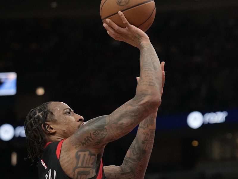 CHICAGO, ILLINOIS - APRIL 01: DeMar DeRozan #11 of the Chicago Bulls shoots the ball during the second half against the Atlanta Hawks at the United Center on April 01, 2024 in Chicago, Illinois. NOTE TO USER: User expressly acknowledges and agrees that, by downloading and or using this photograph, User is consenting to the terms and conditions of the Getty Images License Agreement. (Photo by Patrick McDermott/Getty Images)