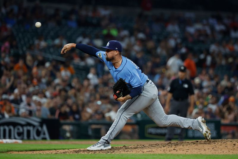 Aug 4, 2023; Detroit, Michigan, USA;  Tampa Bay Rays relief pitcher Shawn Armstrong (64) pitches in the eighth inning against the Detroit Tigers at Comerica Park. Mandatory Credit: Rick Osentoski-USA TODAY Sports