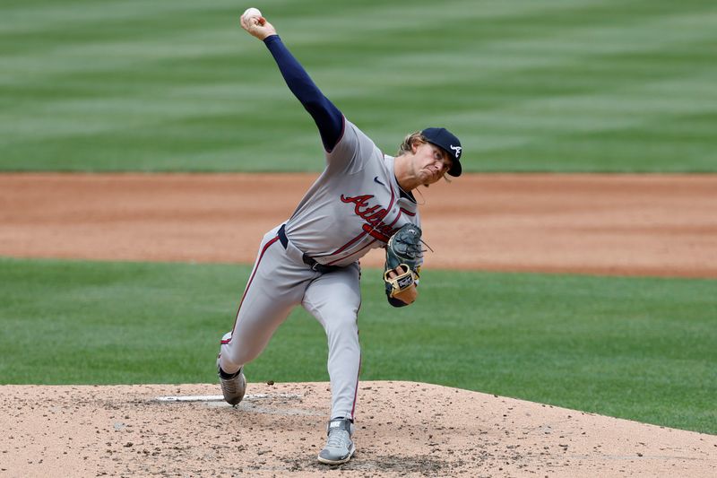 Jun 9, 2024; Washington, District of Columbia, USA; Atlanta Braves starting pitcher Hurston Waldrep (30) pitches during his MLB debut against the Washington Nationals during the second inning at Nationals Park. Mandatory Credit: Geoff Burke-USA TODAY Sports