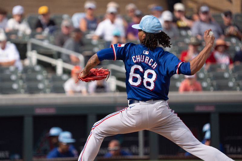 Mar 6, 2024; Salt River Pima-Maricopa, Arizona, USA; Texas Rangers pitcher Marc Church (68) on the mound in the sixth during a spring training game against  the Colorado Rockies at Salt River Fields at Talking Stick. Mandatory Credit: Allan Henry-USA TODAY Sports