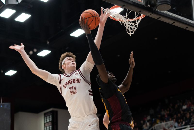 Feb 9, 2023; Stanford, California, USA;  Stanford Cardinal forward Max Murrell (10) defends against Arizona State Sun Devils center Enoch Boakye (14) during the second half at Maples Pavilion. Mandatory Credit: Stan Szeto-USA TODAY Sports