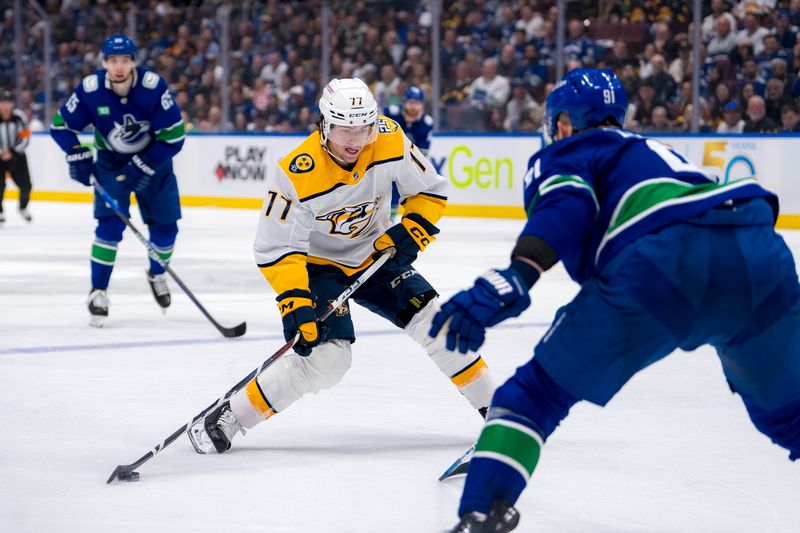 Apr 21, 2024; Vancouver, British Columbia, CAN; Nashville Predators forward Luke Evangelista (77) shoots against the Vancouver Canucks in the second period in game one of the first round of the 2024 Stanley Cup Playoffs at Rogers Arena. Mandatory Credit: Bob Frid-USA TODAY Sports