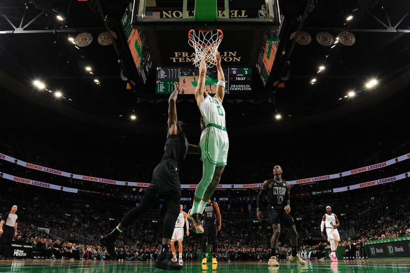 BOSTON, MA - FEBRUARY 14: Jayson Tatum #0 of the Boston Celtics drives to the basket during the game against the Brooklyn Nets on February 14, 2024 at the TD Garden in Boston, Massachusetts. NOTE TO USER: User expressly acknowledges and agrees that, by downloading and or using this photograph, User is consenting to the terms and conditions of the Getty Images License Agreement. Mandatory Copyright Notice: Copyright 2024 NBAE  (Photo by Brian Babineau/NBAE via Getty Images)