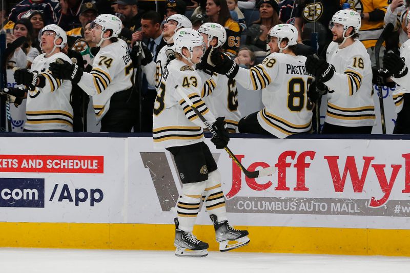 Jan 2, 2024; Columbus, Ohio, USA; Boston Bruins left wing Danton Heinen (43) celebrates his goal against the Columbus Blue Jackets during the third period at Nationwide Arena. Mandatory Credit: Russell LaBounty-USA TODAY Sports