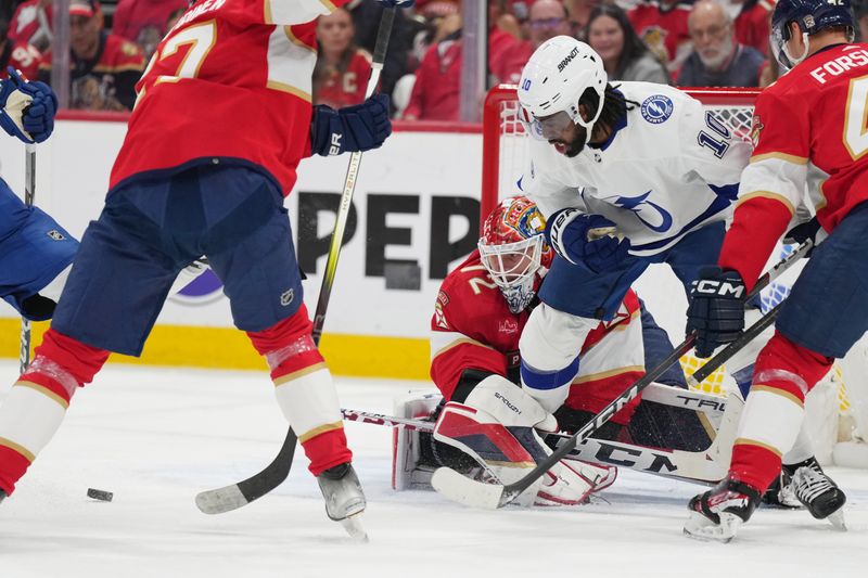 Apr 29, 2024; Sunrise, Florida, USA; Tampa Bay Lightning left wing Anthony Duclair (10) gets called for interference on Florida Panthers goaltender Sergei Bobrovsky (72) that negated a goal during the first period in game five of the first round of the 2024 Stanley Cup Playoffs at Amerant Bank Arena. Mandatory Credit: Jim Rassol-USA TODAY Sports