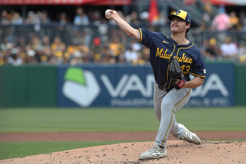 May 25, 2025; Pittsburgh, Pennsylvania, USA;  Milwaukee Brewers starting pitcher Logan Henderson (43) delivers a pitch against the Pittsburgh Pirates during the first inning at PNC Park. Mandatory Credit: Charles LeClaire-Imagn Images