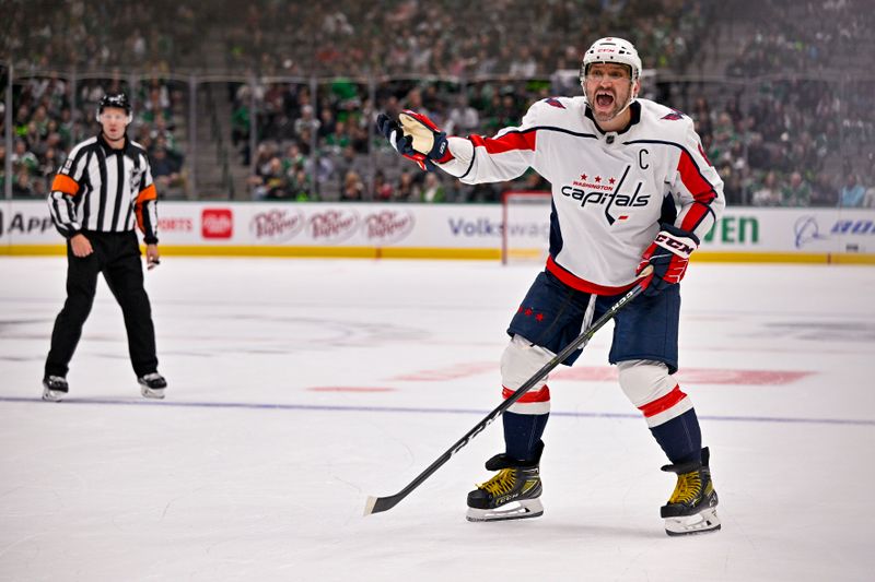 Oct 27, 2022; Dallas, Texas, USA; Washington Capitals left wing Alex Ovechkin (8) yells for the puck in the Dallas Stars zone during the third period at the American Airlines Center. Mandatory Credit: Jerome Miron-USA TODAY Sports