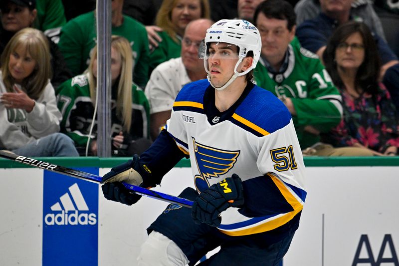 Apr 17, 2024; Dallas, Texas, USA; St. Louis Blues defenseman Matthew Kessel (51) skates against the Dallas Stars during the third period at the American Airlines Center. Mandatory Credit: Jerome Miron-USA TODAY Sports