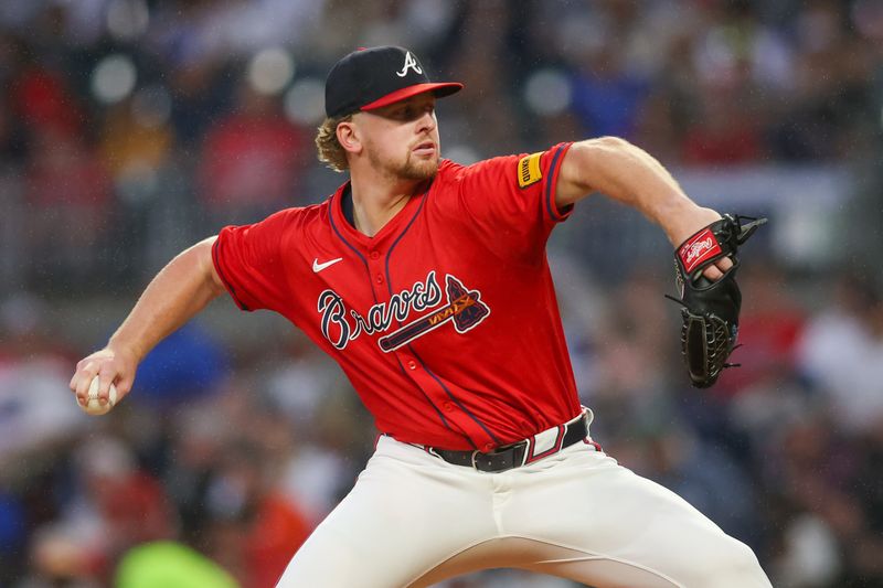 Sep 13, 2024; Atlanta, Georgia, USA; Atlanta Braves starting pitcher Spencer Schwellenbach (56) throws against the Los Angeles Dodgers in the second inning at Truist Park. Mandatory Credit: Brett Davis-Imagn Images
