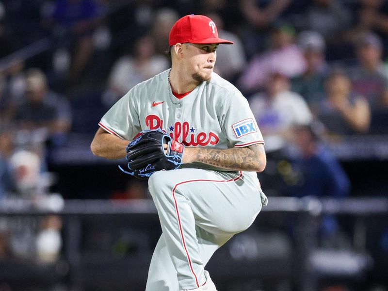 May 6, 2025; Tampa, Florida, USA; Philadelphia Phillies pitcher Orion Kerkering (50) throws a pitch against the Tampa Bay Rays in the eighth inning at George M. Steinbrenner Field. Mandatory Credit: Nathan Ray Seebeck-Imagn Images