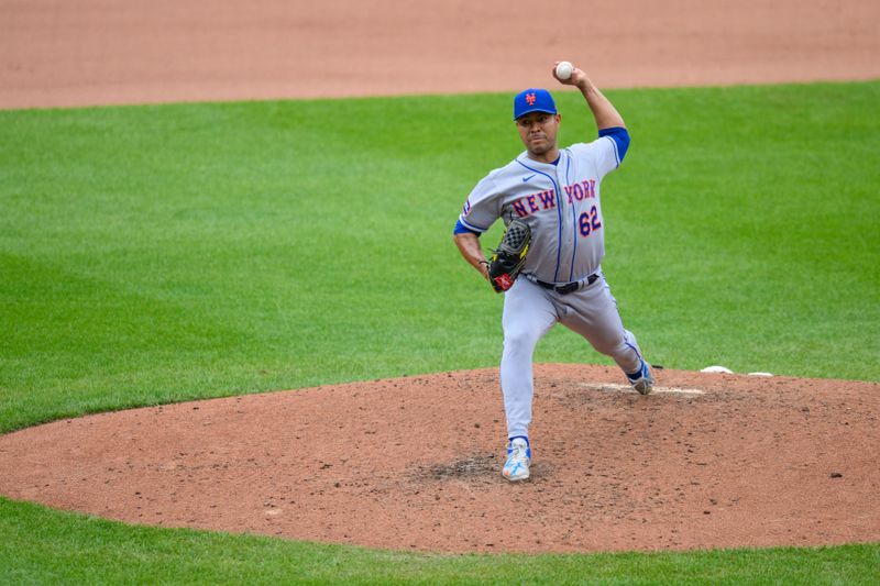 Aug 6, 2023; Baltimore, Maryland, USA; New York Mets starting pitcher Jose Quintana (62) throws a pitch during the fourth inning against the Baltimore Orioles at Oriole Park at Camden Yards. Mandatory Credit: Reggie Hildred-USA TODAY Sports