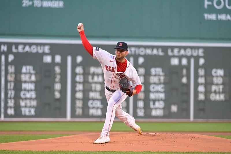 May 1, 2024; Boston, Massachusetts, USA; Boston Red Sox starting pitcher Kutter Crawford (50) pitches against the San Francisco Giants during the first inning at Fenway Park. Mandatory Credit: Eric Canha-USA TODAY Sports
