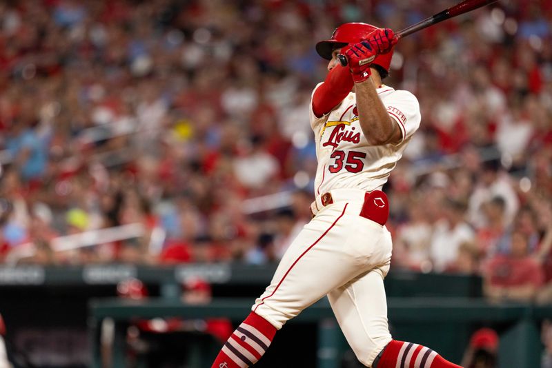 Sep 30, 2023; St. Louis, Missouri, USA; St. Louis Cardinals second baseman Jose Fermin (35) hits a double and brings in two in the second inning against the Cincinnati Reds at Busch Stadium. Mandatory Credit: Zach Dalin-USA TODAY Sports