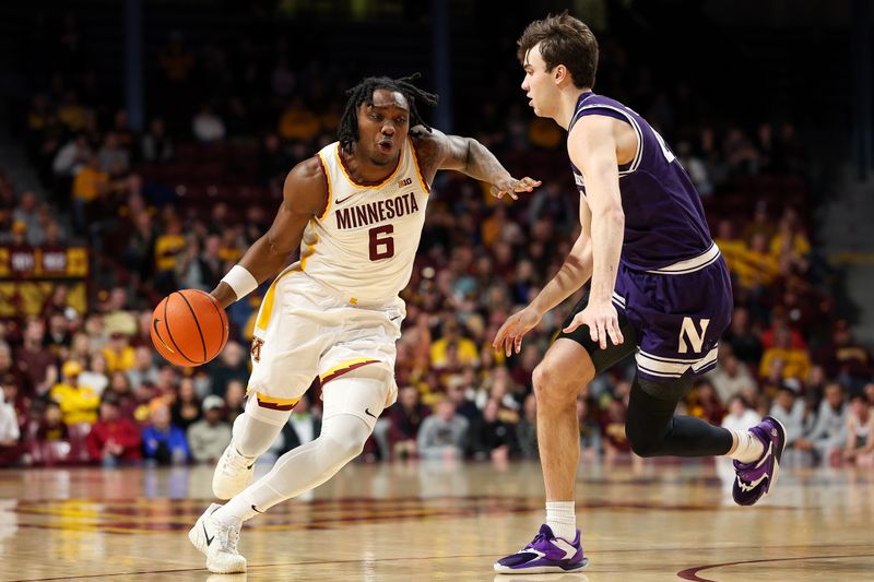 Mar 7, 2026; Minneapolis, Minnesota, USA; Minnesota Golden Gophers guard Langston Reynolds (6) works around Northwestern Wildcats guard Angelo Ciaravino (44) during the first half at Williams Arena. Mandatory Credit: Matt Krohn-Imagn Images