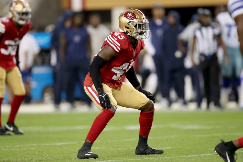 San Francisco 49ers linebacker Demetrius Flannigan-Fowles (45) looks into the backfield during an NFL football game against the Dallas Cowboys, Sunday, Oct 8, 2023, in Santa Clara, Calif. (AP Photo/Scot Tucker)