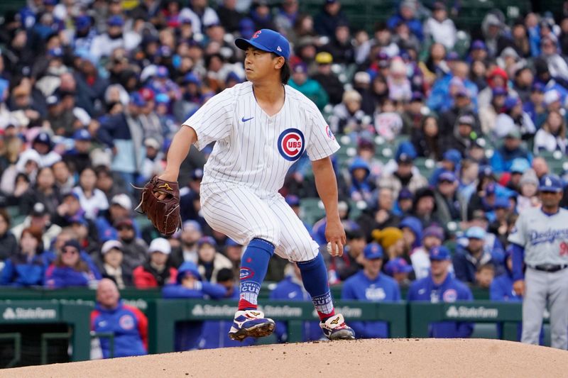 Apr 7, 2024; Chicago, Illinois, USA; Chicago Cubs pitcher Shota Imanaga (18) pitches against the Los Angeles Dodgers during the first inning at Wrigley Field. Mandatory Credit: David Banks-USA TODAY Sports