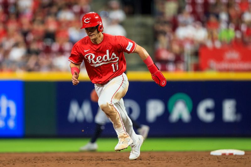 Jun 11, 2024; Cincinnati, Ohio, USA; Cincinnati Reds outfielder Stuart Fairchild (17) scores on a RBI single hit by second baseman Jonathan India (not pictured) in the ninth inning against the Cleveland Guardians at Great American Ball Park. Mandatory Credit: Katie Stratman-USA TODAY Sports