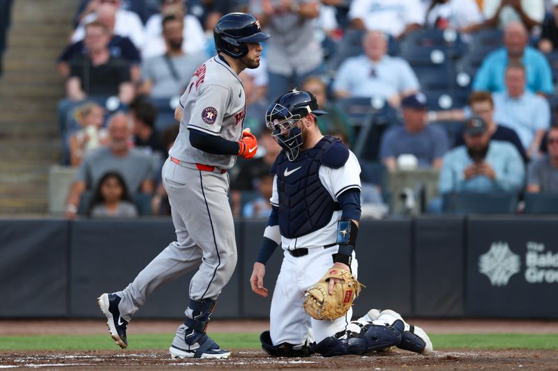 May 19, 2025; Tampa, Florida, USA; Houston Astros catcher Victor Caratini (17) runs the bases after hitting a home run against the Tampa Bay Rays in the second inning at George M. Steinbrenner Field. Mandatory Credit: Nathan Ray Seebeck-Imagn Images