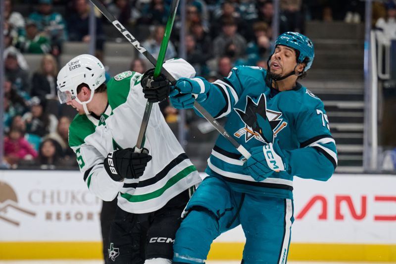 Dec 18, 2025; San Jose, California, USA; San Jose Sharks right wing Ryan Reaves (75) vies for position against Dallas Stars defenseman Thomas Harley (55) during the second period at SAP Center at San Jose. Mandatory Credit: Robert Edwards-Imagn Images