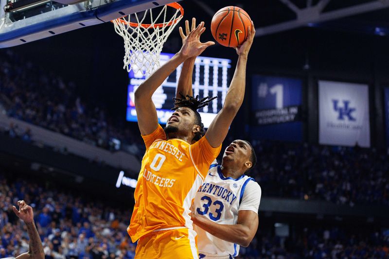 Feb 3, 2024; Lexington, Kentucky, USA; Tennessee Volunteers forward Jonas Aidoo (0) goes to the basket during the first half against the Kentucky Wildcats at Rupp Arena at Central Bank Center. Mandatory Credit: Jordan Prather-USA TODAY Sports