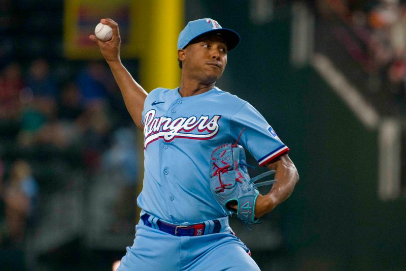 Sep 24, 2023; Arlington, Texas, USA; Texas Rangers relief pitcher Jose Leclerc (25) pitches against the Seattle Mariners during the game at Globe Life Field. Mandatory Credit: Jerome Miron-USA TODAY Sports