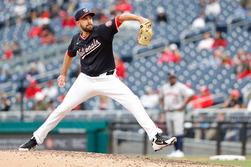 Apr 21, 2024; Washington, District of Columbia, USA; Washington Nationals pitcher Matt Barnes (41) pitches against the Houston Astros during the ninth inning at Nationals Park. Mandatory Credit: Geoff Burke-USA TODAY Sports