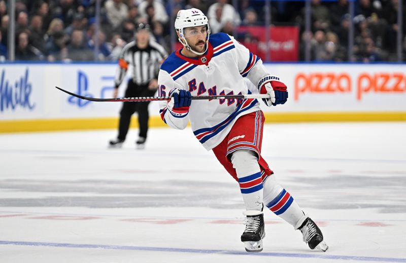 Mar 2, 2024; Toronto, Ontario, CAN; New York Rangers forward Vincent Trochek (16) pursues the play against the Toronto Maple Leafs in the third period at Scotiabank Arena. Mandatory Credit: Dan Hamilton-USA TODAY Sports