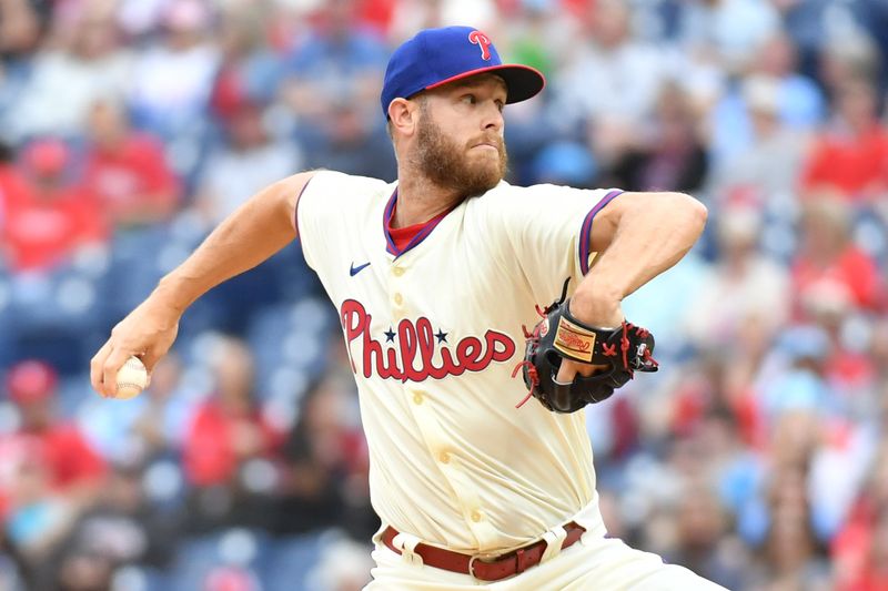 May 6, 2024; Philadelphia, Pennsylvania, USA; Philadelphia Phillies pitcher Zack Wheeler (45) throws a pitch during the first inning against the San Francisco Giants at Citizens Bank Park. Mandatory Credit: Eric Hartline-USA TODAY Sports