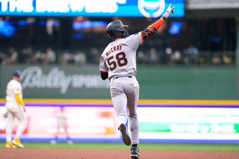 Aug 27, 2024; Milwaukee, Wisconsin, USA;  San Francisco Giants center fielder Grant McCray (58) rounds the bases after hitting a home run during the fifth inning against the Milwaukee Brewers at American Family Field. Mandatory Credit: Jeff Hanisch-USA TODAY Sports