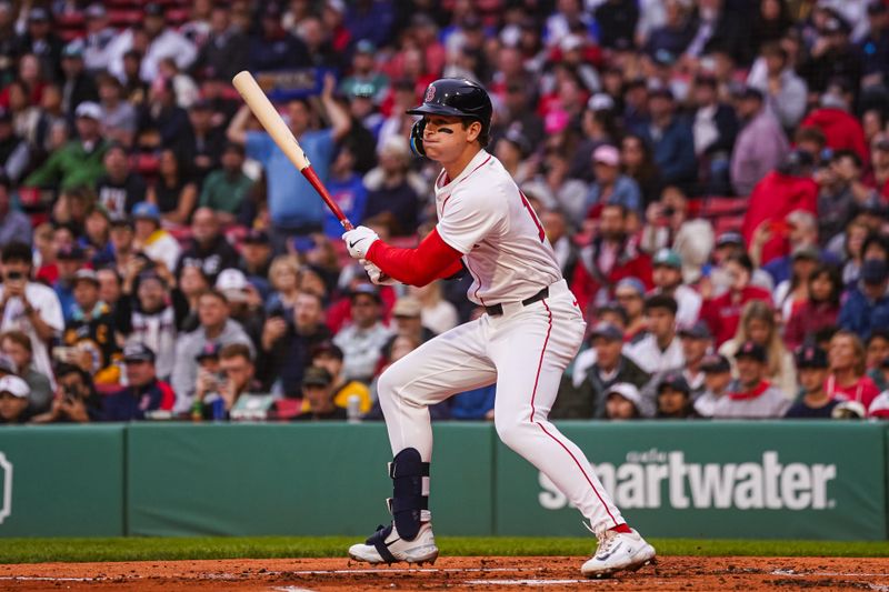 Jun 10, 2025; Boston, Massachusetts, USA; Boston Red Sox outfielder Roman Anthony (19) hits a double to drive in two runs against the Tampa Bay Rays in the first inning at Fenway Park. Mandatory Credit: David Butler II-Imagn Images