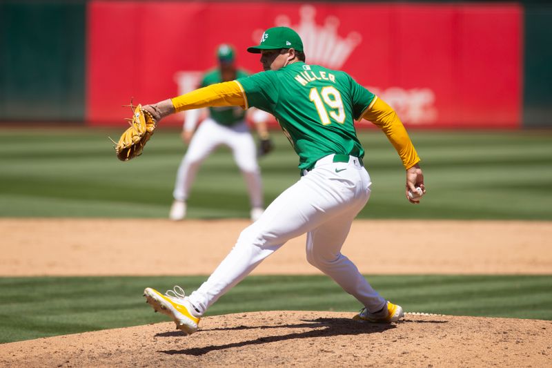 Aug 7, 2024; Oakland, California, USA; Oakland Athletics pitcher Mason Miller (19) delivers against the Chicago White Sox during the ninth inning at Oakland-Alameda County Coliseum. Mandatory Credit: D. Ross Cameron-USA TODAY Sports