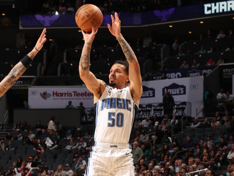 CHARLOTTE, NC - MARCH 5: Cole Anthony #50 of the Orlando Magic shoots a three point basket during the game against the Charlotte Hornets on March 5, 2024 at Spectrum Center in Charlotte, North Carolina. NOTE TO USER: User expressly acknowledges and agrees that, by downloading and or using this photograph, User is consenting to the terms and conditions of the Getty Images License Agreement. Mandatory Copyright Notice: Copyright 2024 NBAE (Photo by Kent Smith/NBAE via Getty Images)