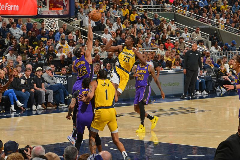 INDIANAPOLIS, IN - MARCH 29: Spencer Dinwiddie #26 of the Los Angeles Lakers blocks the basket during the game against the Indiana Pacers on March 24, 2024 at Gainbridge Fieldhouse in Indianapolis, Indiana. NOTE TO USER: User expressly acknowledges and agrees that, by downloading and or using this Photograph, user is consenting to the terms and conditions of the Getty Images License Agreement. Mandatory Copyright Notice: Copyright 2024 NBAE (Photo by Jesse D. Garrabrant /NBAE via Getty Images)